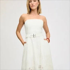 Strapless Belt Eyelet Midi Dress